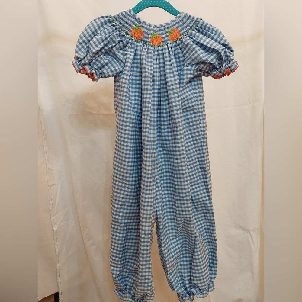 Pumpkin smocked blue gingham romper jumpsuit, size 3